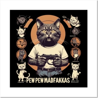 Pew Pew Madafakas Cat Crazy Vintage Funny Cat Owners T-Shirt Graphic T-Shirt Posters and Art